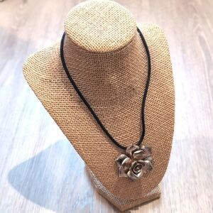 Silver Rose Pendant Necklace Black Cord